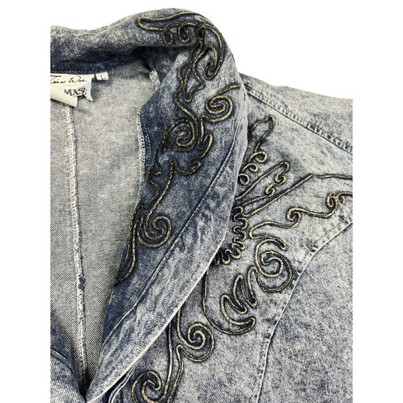 Vtg 80s Acid Washed Embellished Large Jean Jacket Streetwear Fly Oversize USA - Picture 13 of 16